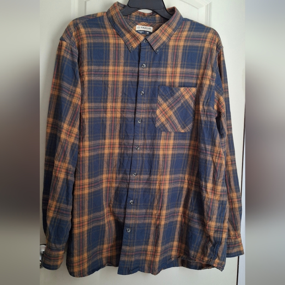 Magellan Clasic Fit Flanel Men's Blue and Orange Plaid Shirt Sz 3XL Outdoors